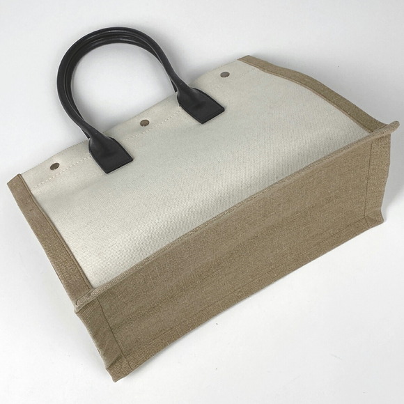 Saint Laurent Rive Gauche Tote Bag Logo Handbag Canvas Beige Black - Picture 2 of 10
